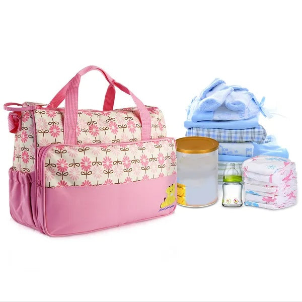 5PCS Baby Nappy Diaper Bags Set Mummy Diaper Shoulder Bags W Nappy Changing Pad Insulated Pockets Travel Tote Bags