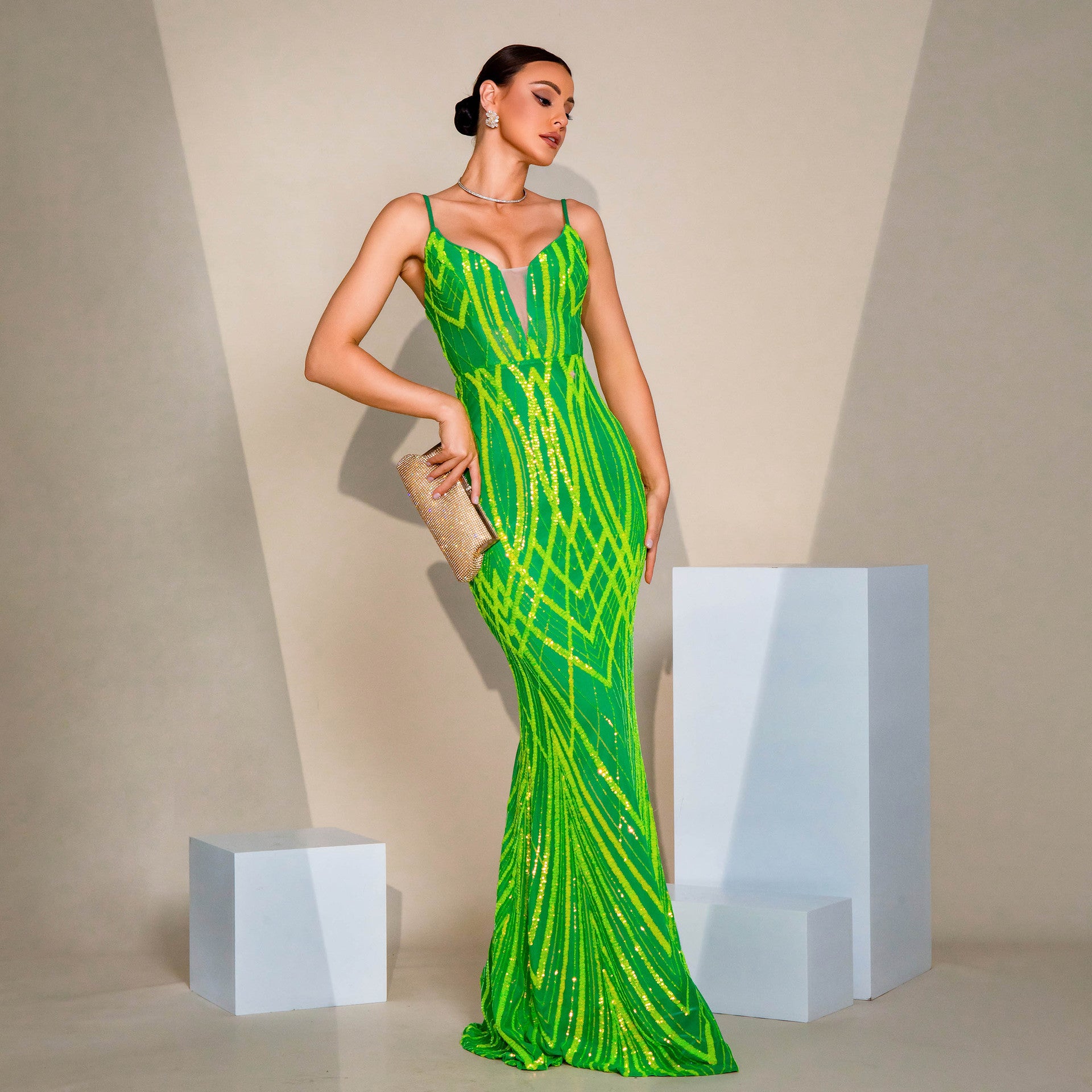 Dress V-neck Strap Sequined Fishtail Evening