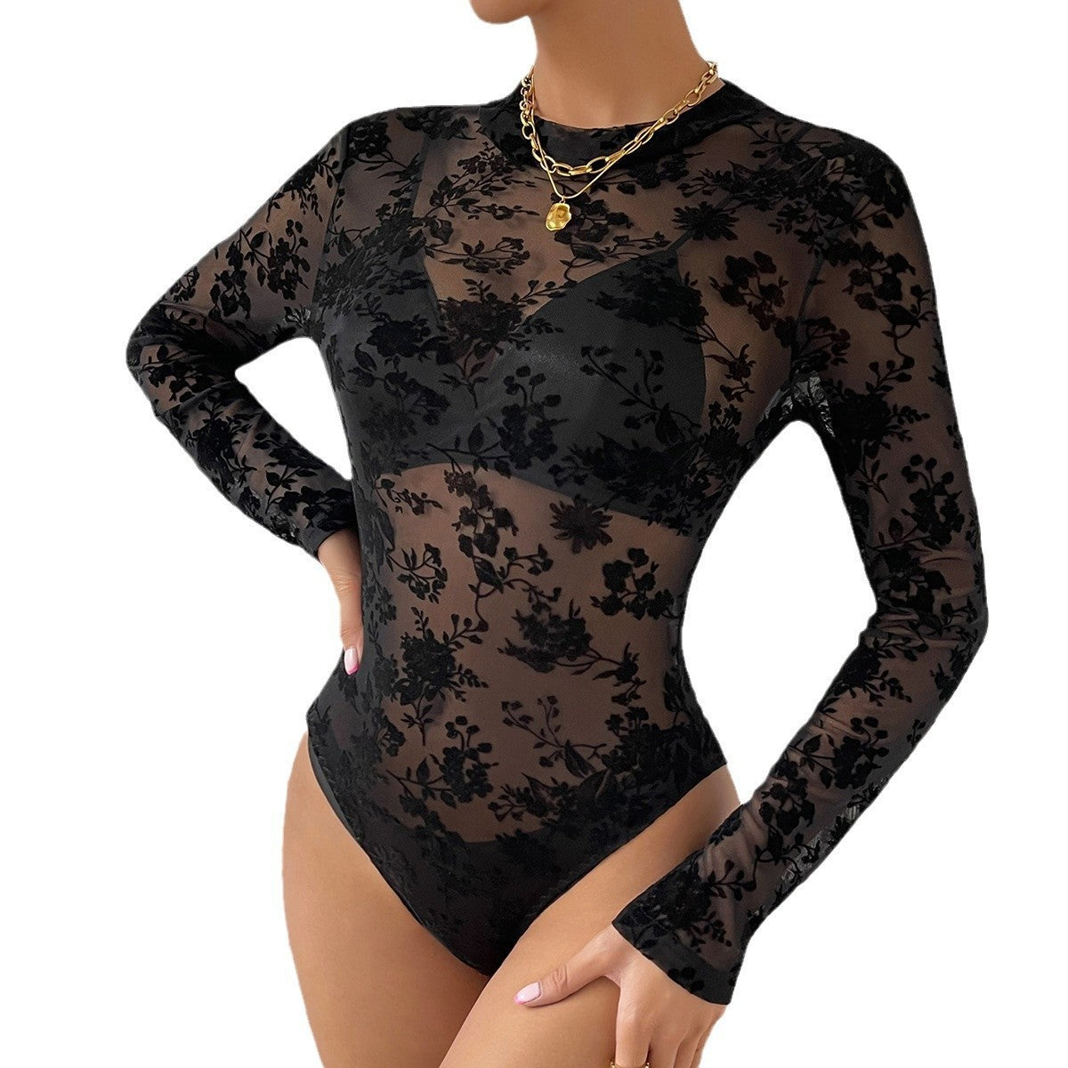 JumpSuit Lace Mesh Flocking Printing Sexy Slim Fit