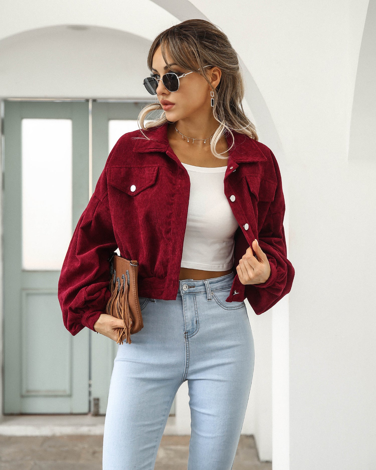 Women's Casual Lapel Corduroy Jacket Short Coat