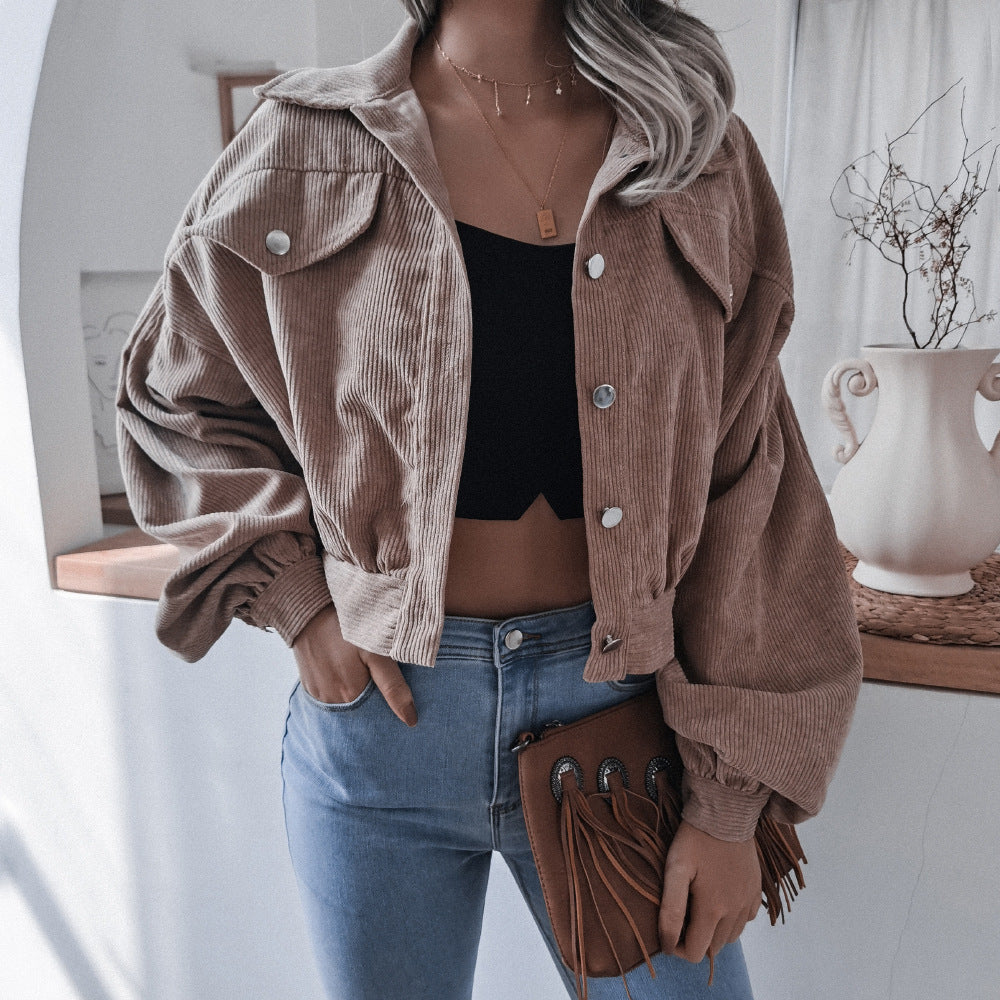 Women's Casual Lapel Corduroy Jacket Short Coat
