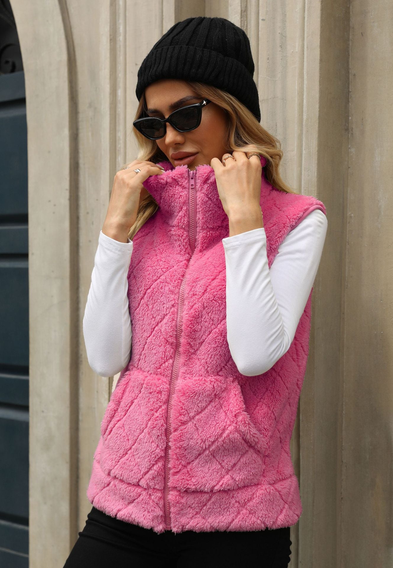 Women's Clothing Cardigan  Diamond Lattice Coat Plush Vest
