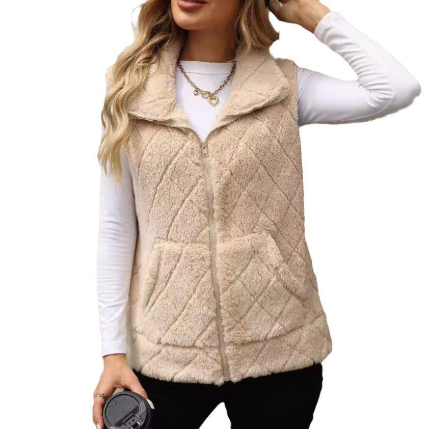 Women's Clothing Cardigan  Diamond Lattice Coat Plush Vest