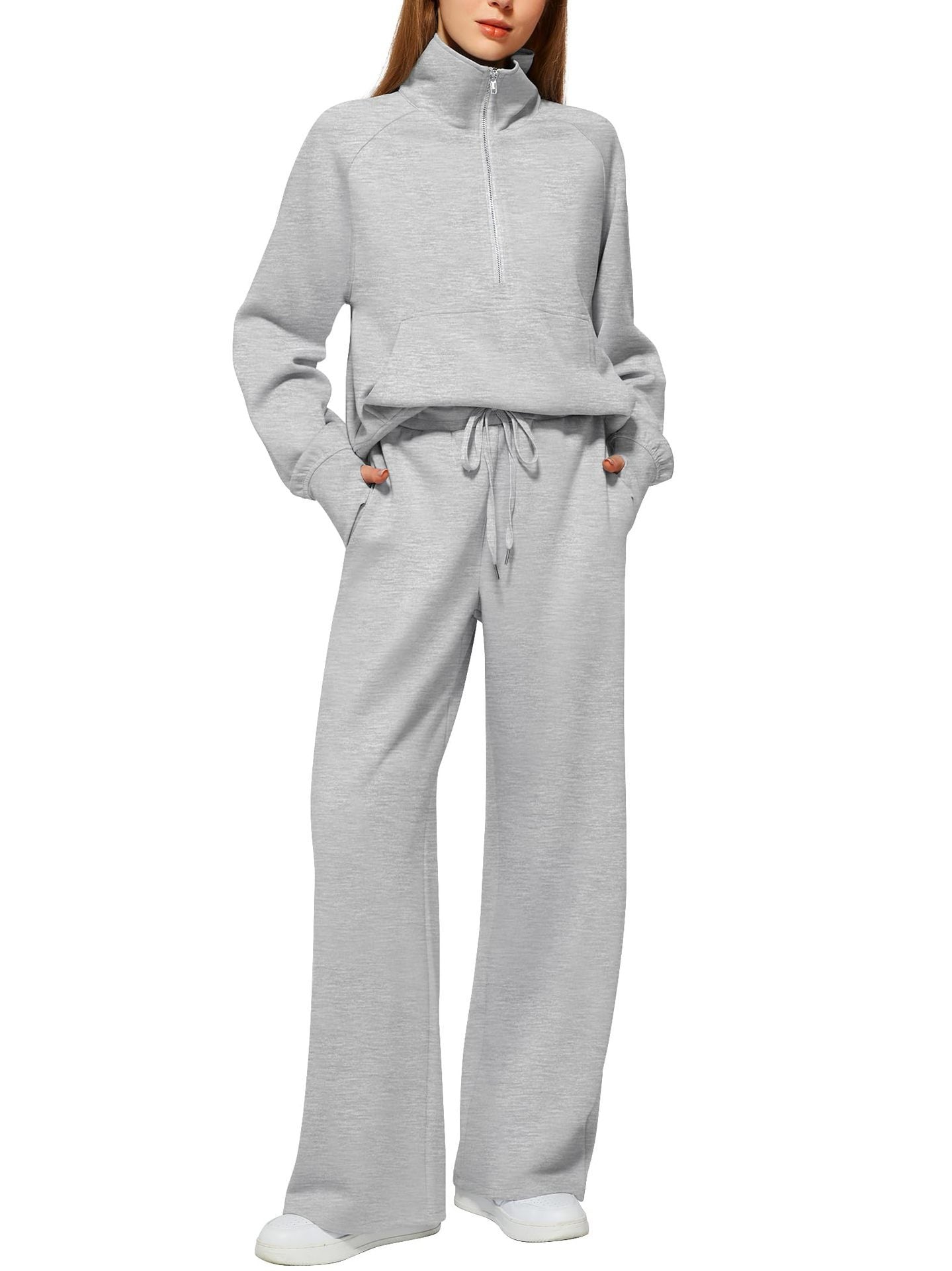 Woman Solid Color Half Zip Long Sleeve Sweatshirt And Wide Leg Pants Set Casual Sporty Two Piece Outfit Women's Suit