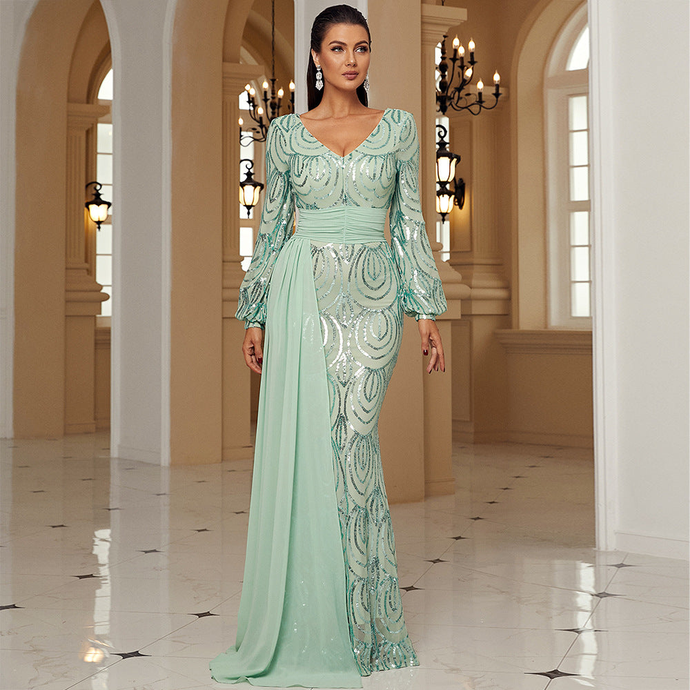 Dress Long Sequined V-neck Banquet Ribbon Evening
