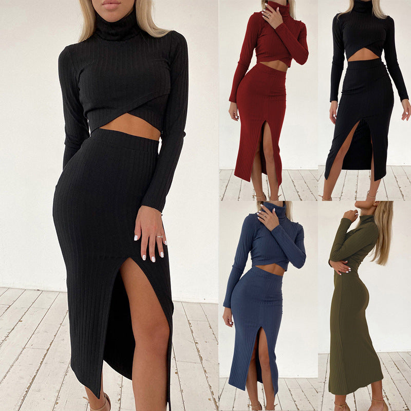 Casual Set High-neck Long-sleeve T-shirt High-waist Wrap Slit Skirt
