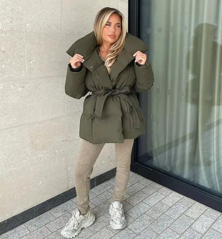 Winter Thickened Jacket Fashion Lapel Cotton Coat With Belt Warm Casual Top Outwear