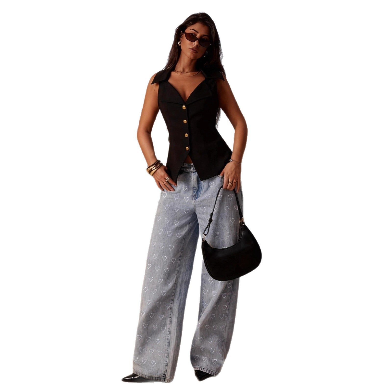 Womens Blue Straight Jeans With A Sweet Rhinestone Design