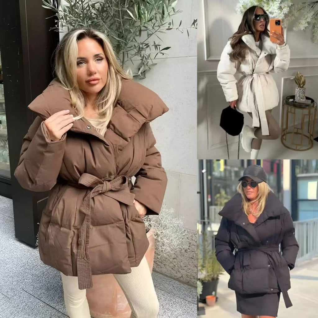 Winter Thickened Jacket Fashion Lapel Cotton Coat With Belt Warm Casual Top Outwear