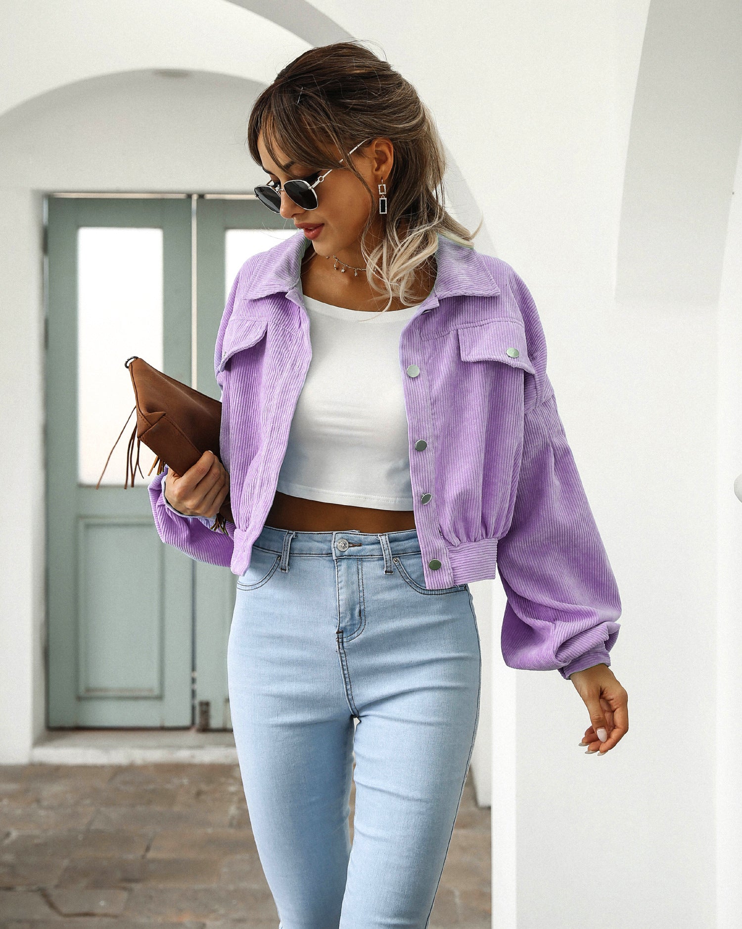 Women's Casual Lapel Corduroy Jacket Short Coat