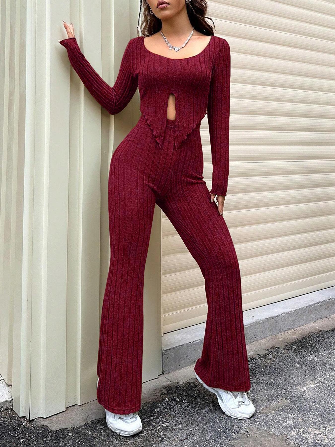 Top And High Waist Slightly Flared Pants Set