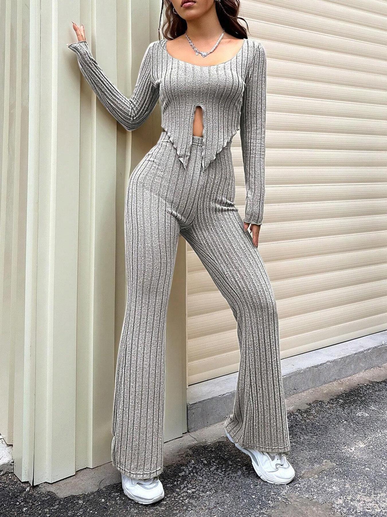 Top And High Waist Slightly Flared Pants Set