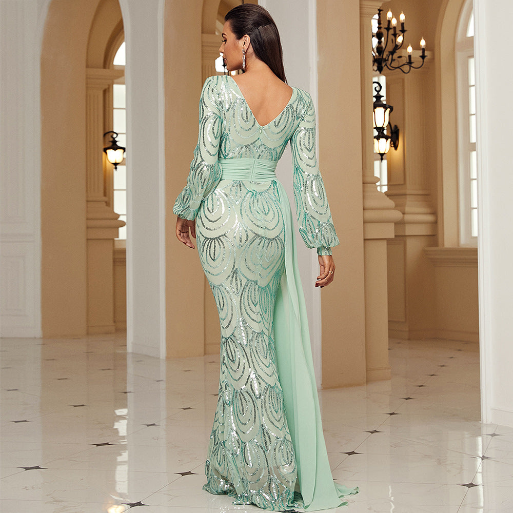 Dress Long Sequined V-neck Banquet Ribbon Evening