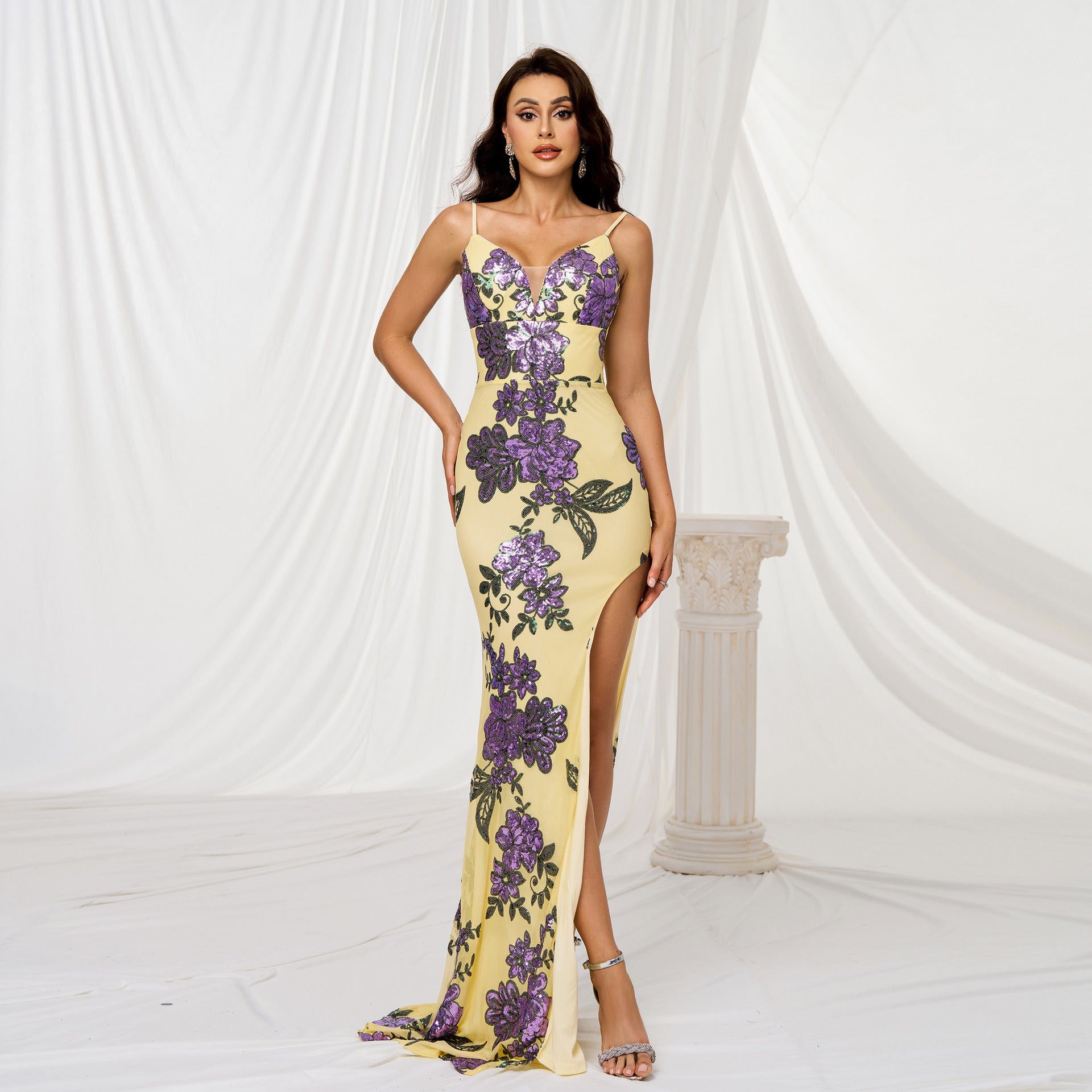 Dress V-neck Brace Slim-fit Sheath Sequined Slit