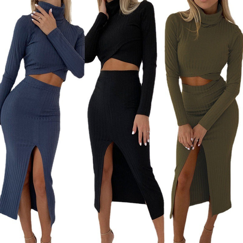 Casual Set High-neck Long-sleeve T-shirt High-waist Wrap Slit Skirt