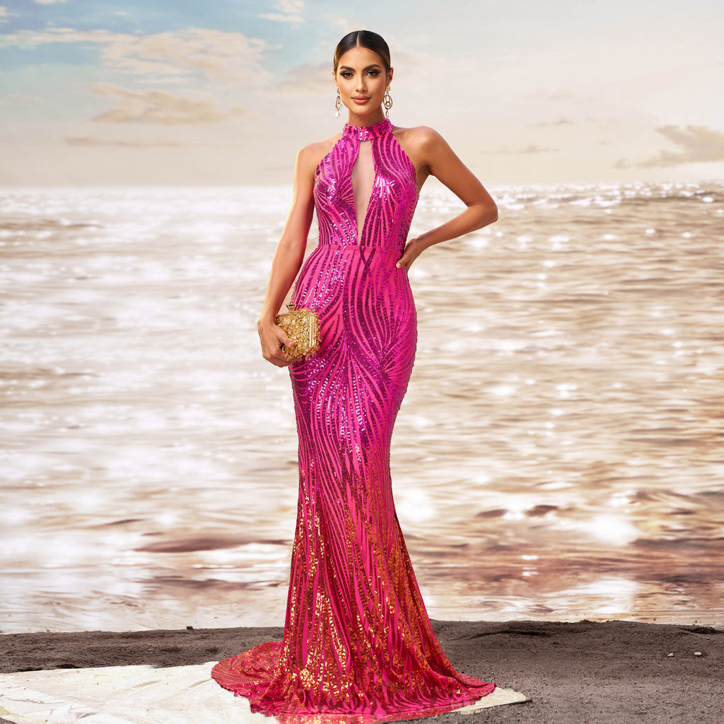 Dress Round Neck Off-the-shoulder Slim-fit Sheath Sequined Banquet Fishtail