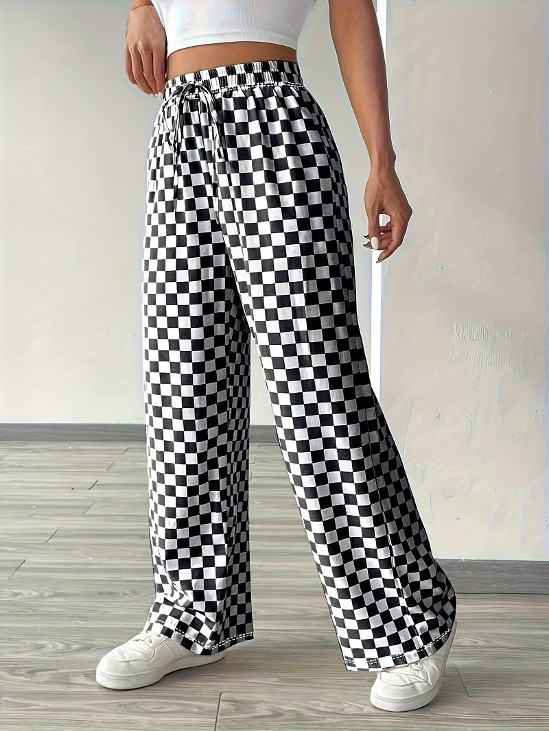 Pants Women's Casual High-waisted Checkered Straight-leg