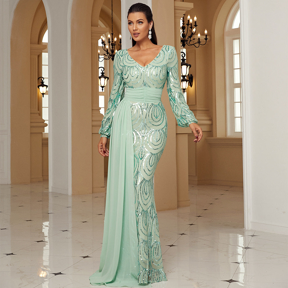 Dress Long Sequined V-neck Banquet Ribbon Evening