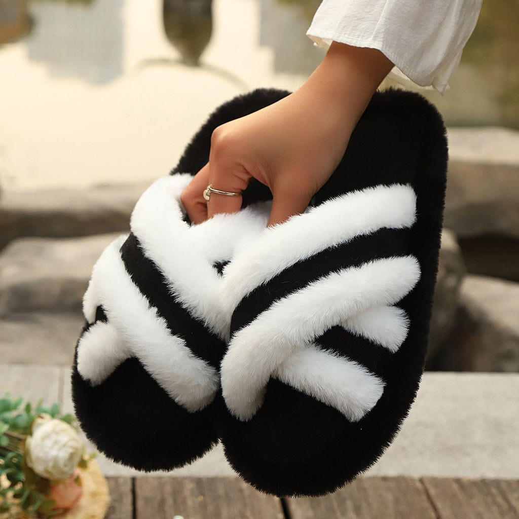 Slippers Fluffy Slippers Cross Strap Stitching Warm Casual Platform