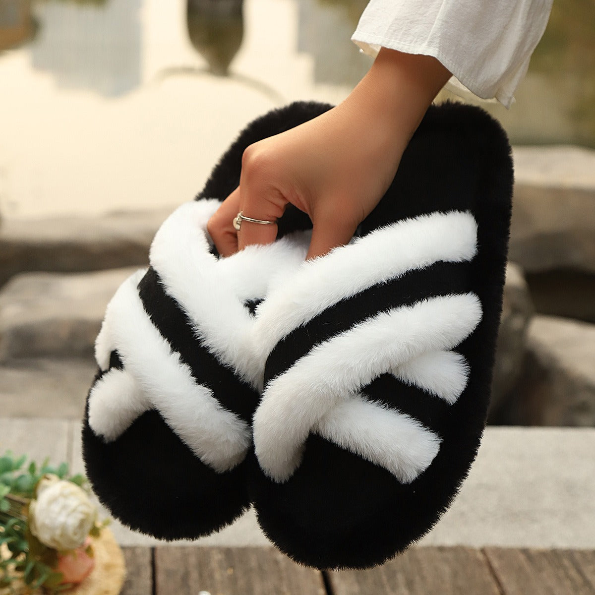 Slippers Fluffy Slippers Cross Strap Stitching Warm Casual Platform