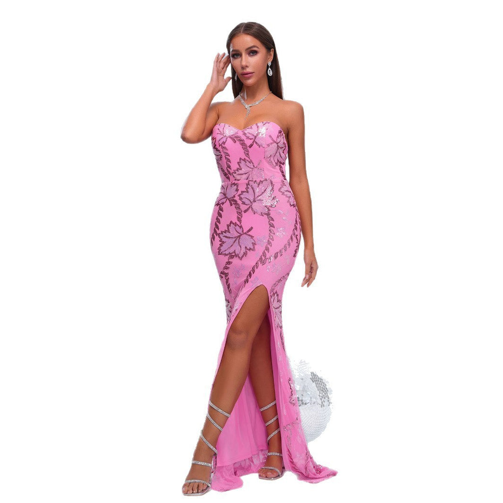 Dress Evening Wrapped Chest Off-neck Sheath Sequined Banquet Fishtail E