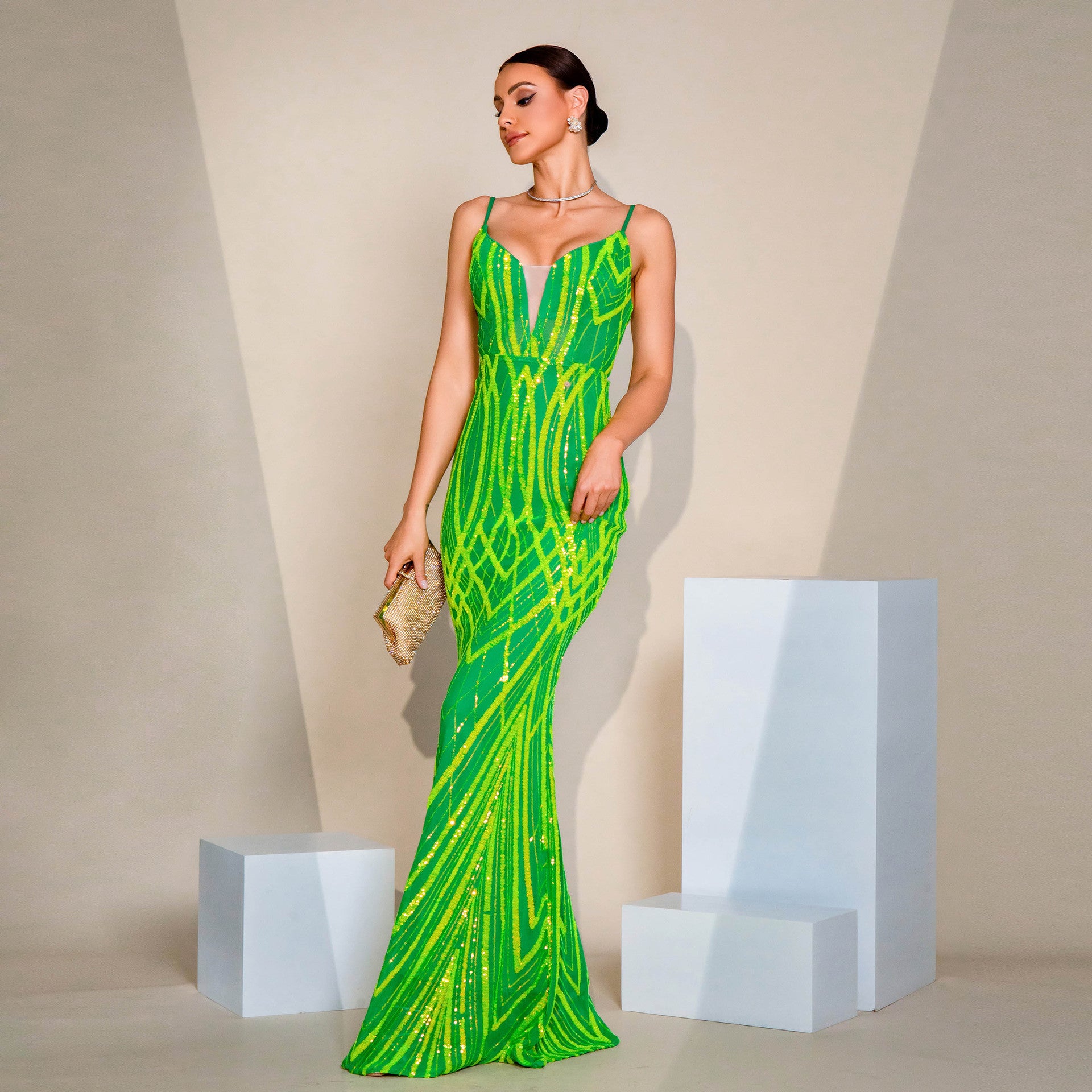 Dress V-neck Strap Sequined Fishtail Evening