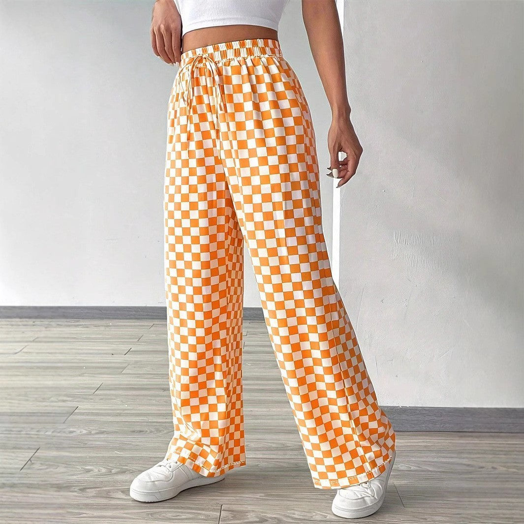 Pants Women's Casual High-waisted Checkered Straight-leg