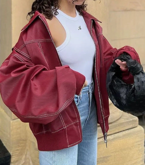 Jacket Cool Long Sleeve Zipper Closure Moto Biker Leather Jacket Womens Clothing