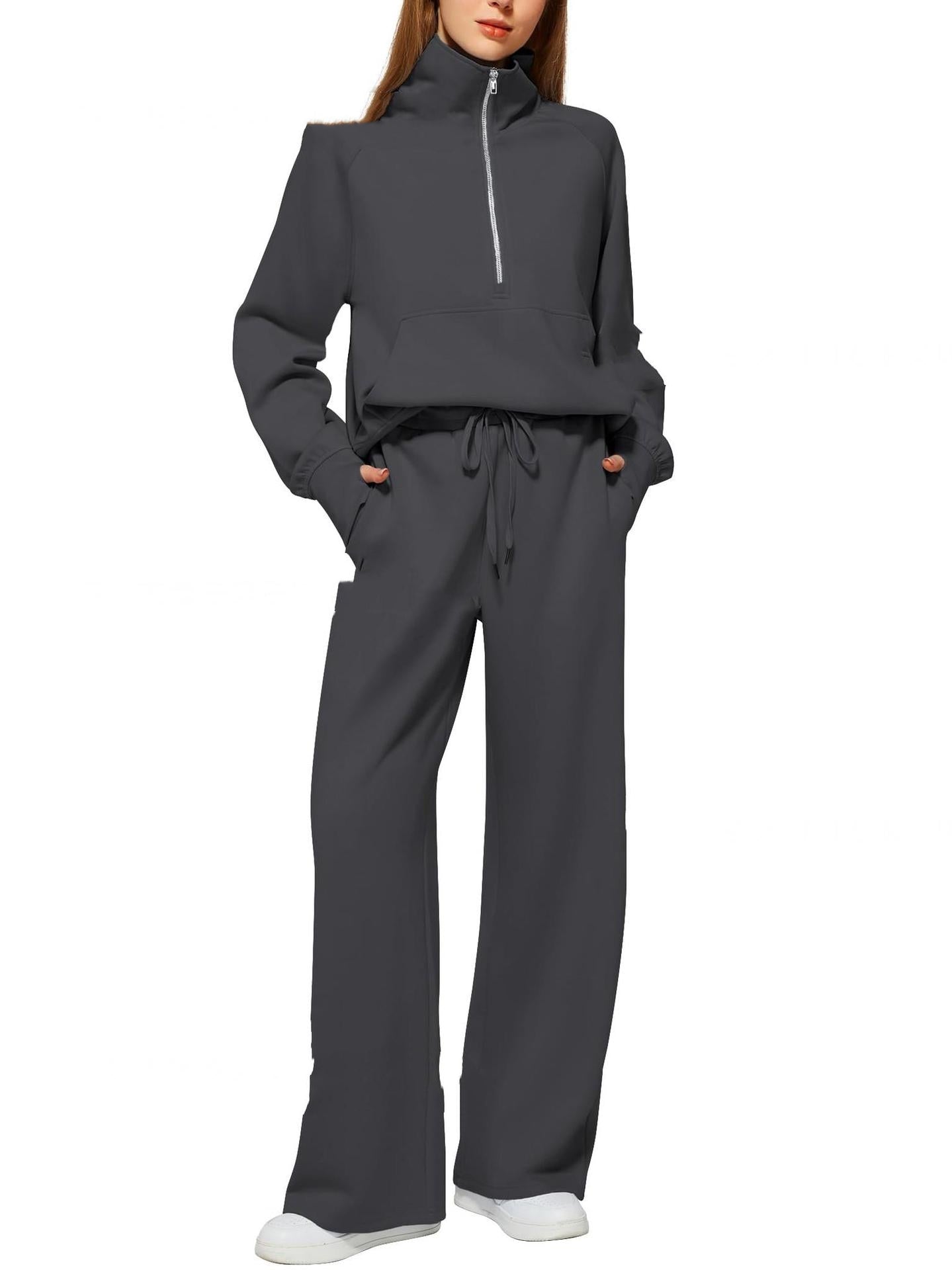 Woman Solid Color Half Zip Long Sleeve Sweatshirt And Wide Leg Pants Set Casual Sporty Two Piece Outfit Women's Suit