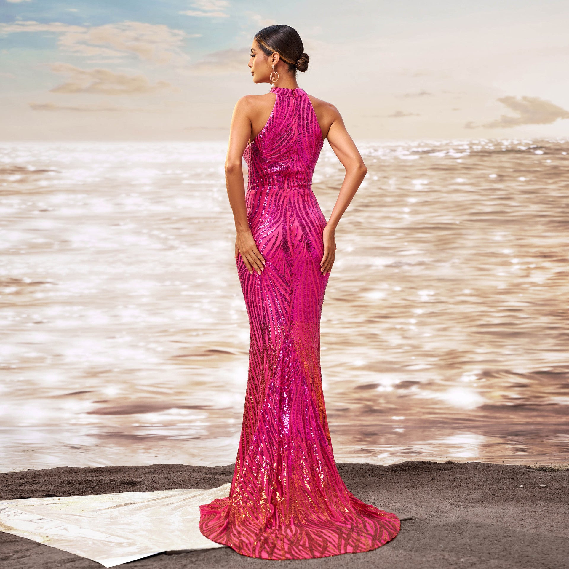 Dress Round Neck Off-the-shoulder Slim-fit Sheath Sequined Banquet Fishtail