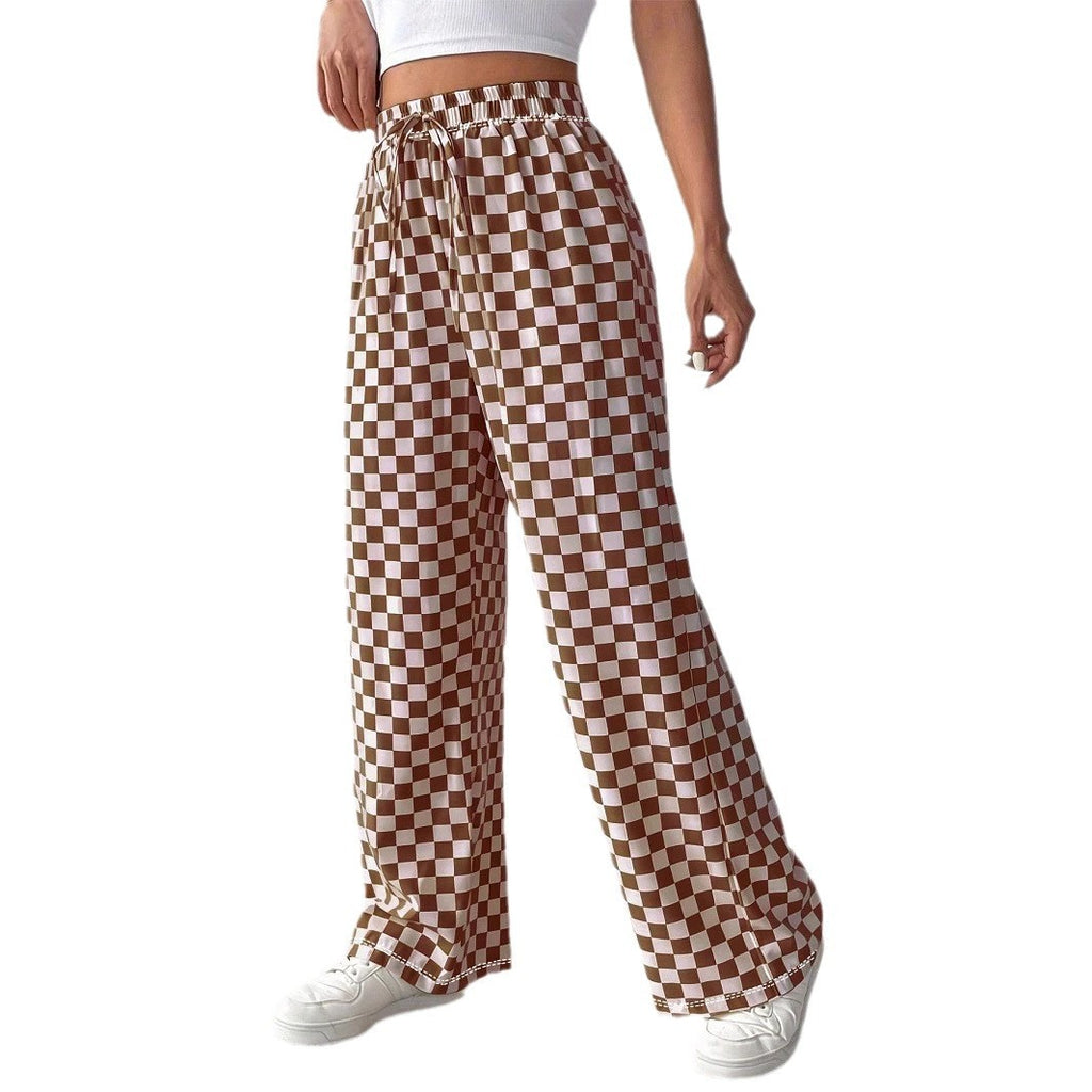 Pants Women's Casual High-waisted Checkered Straight-leg