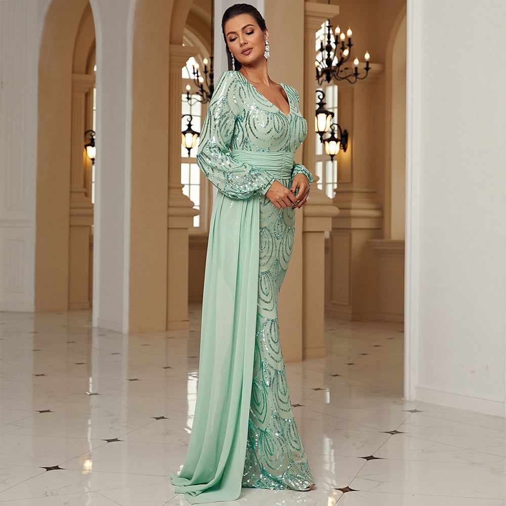 Dress Long Sequined V-neck Banquet Ribbon Evening