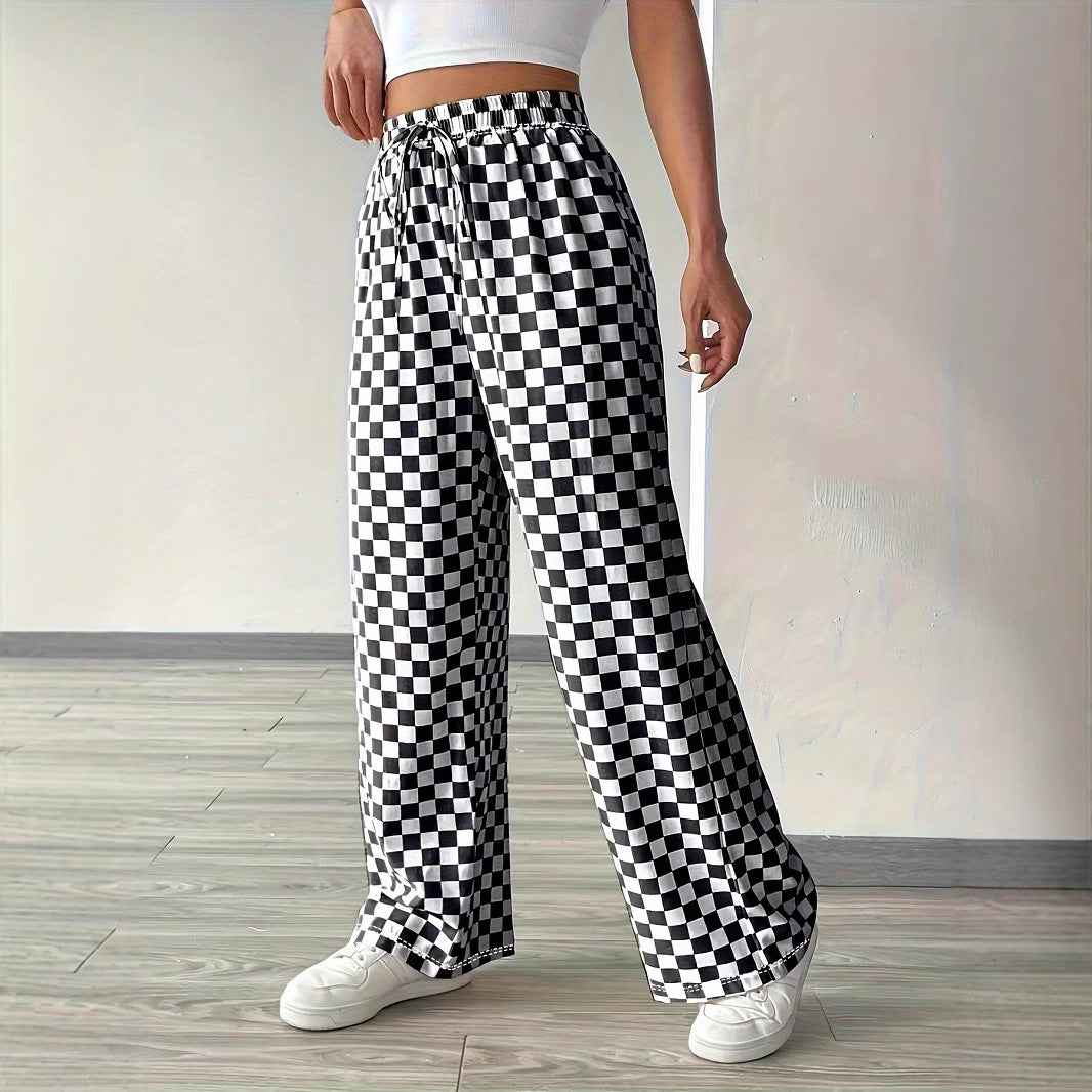 Pants Women's Casual High-waisted Checkered Straight-leg