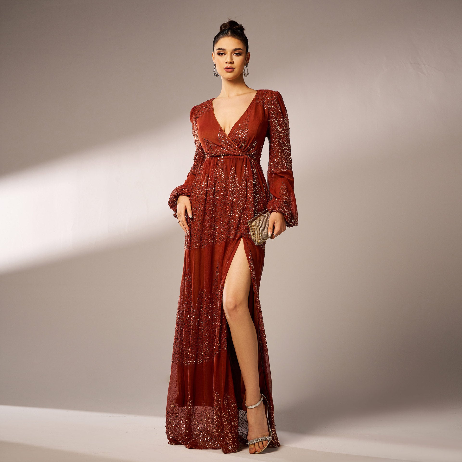 Dress Long Sleeve V-neck Sexy Long Sequined Evening
