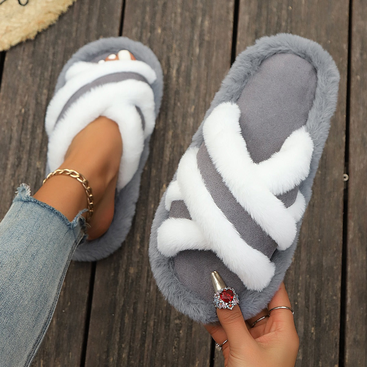 Slippers Fluffy Slippers Cross Strap Stitching Warm Casual Platform