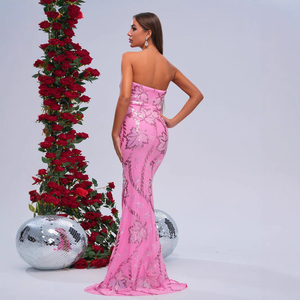 Dress Evening Wrapped Chest Off-neck Sheath Sequined Banquet Fishtail E