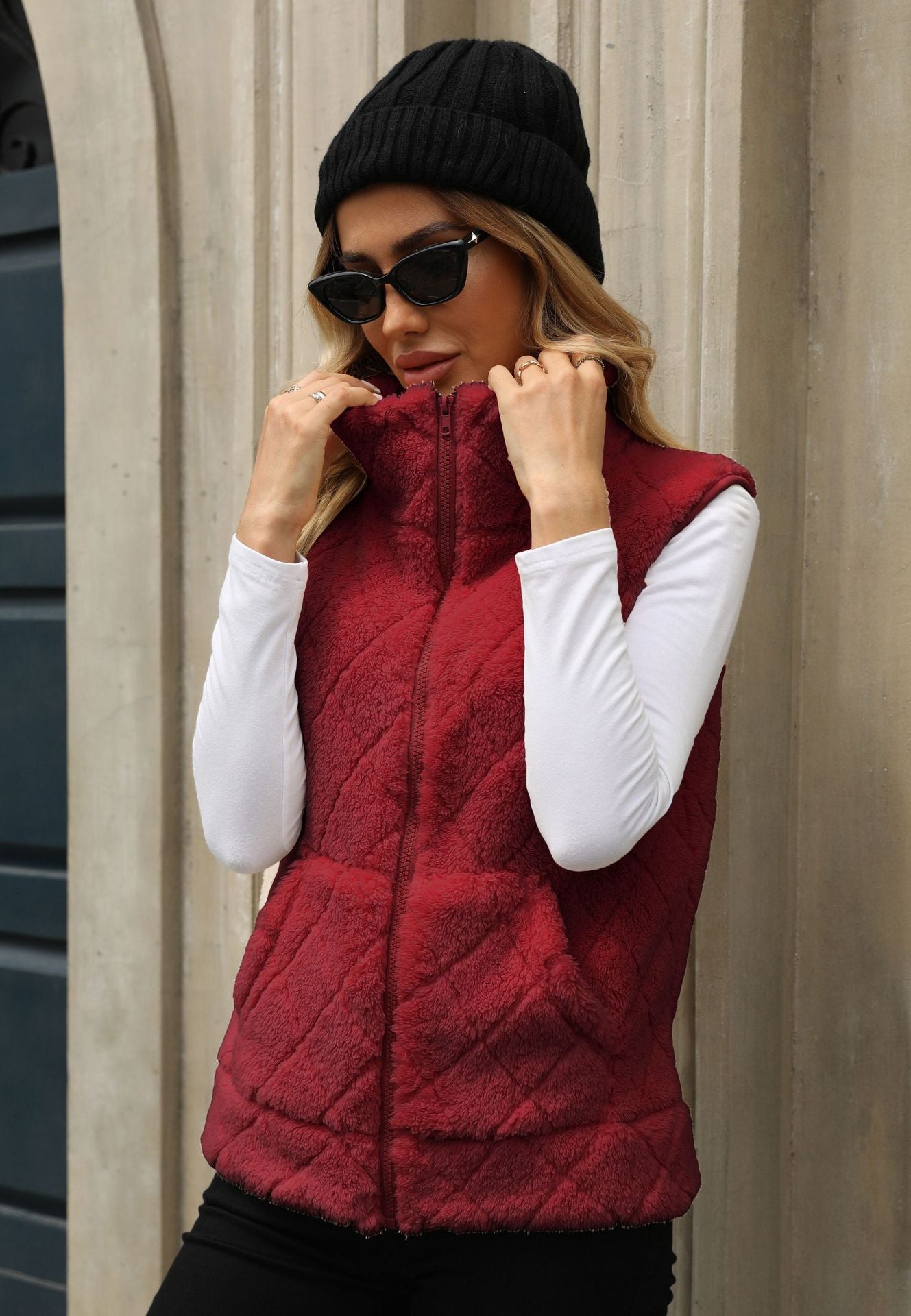 Women's Clothing Cardigan  Diamond Lattice Coat Plush Vest