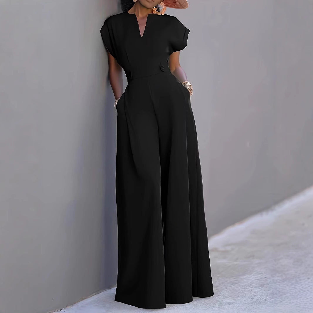 JumpSuit Graceful And Fashionable Solid Color High Waist Wide Leg Pants