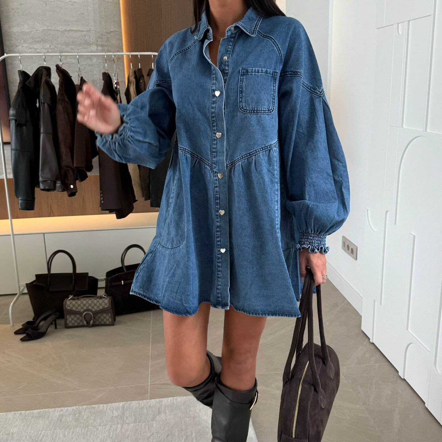 Denim Dress Casual Shirt Button Long