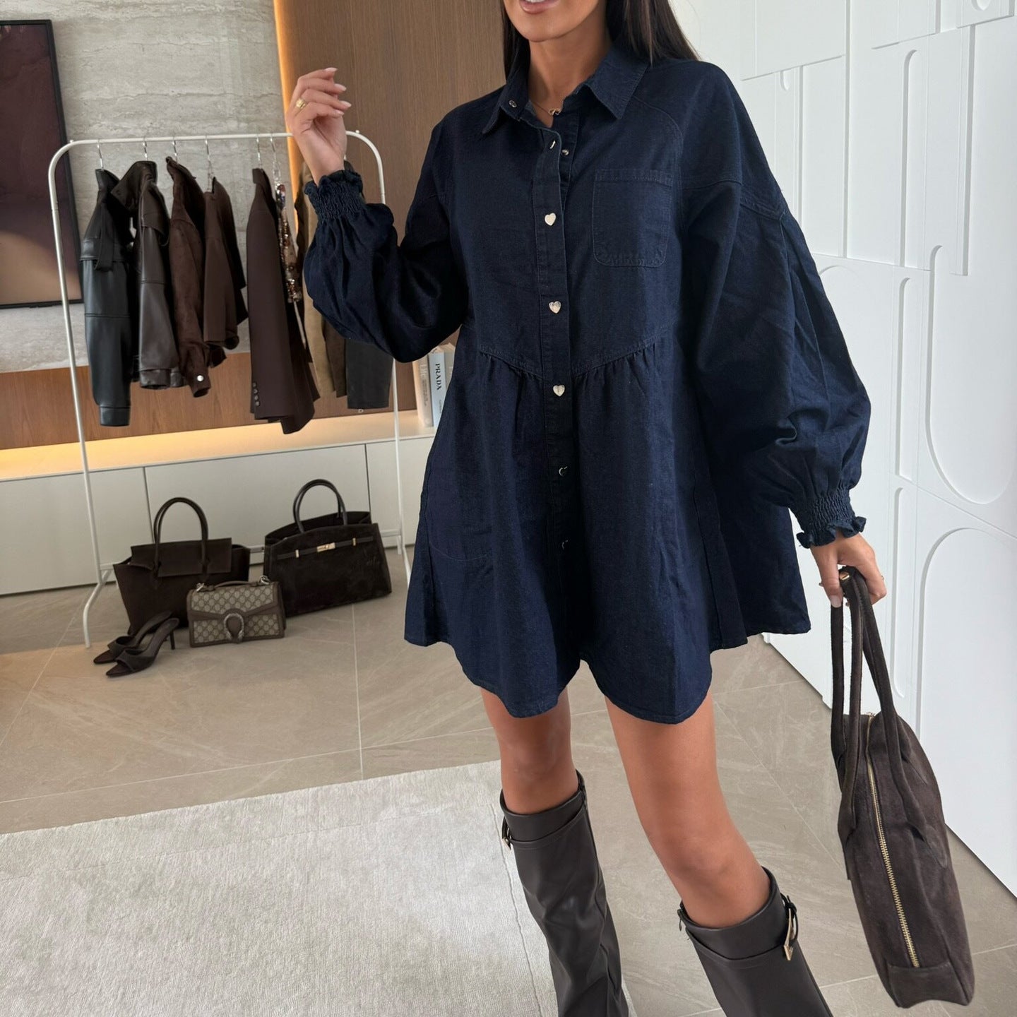 Denim Dress Casual Shirt Button Long