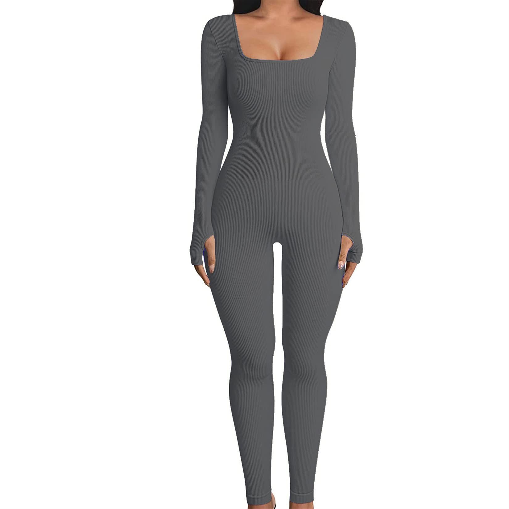 Women's Clothing Long Sleeve Jumpsuit Sexy One-piece Square Collar Sportwear