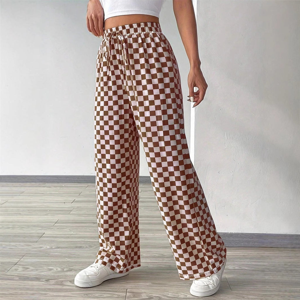 Pants Women's Casual High-waisted Checkered Straight-leg