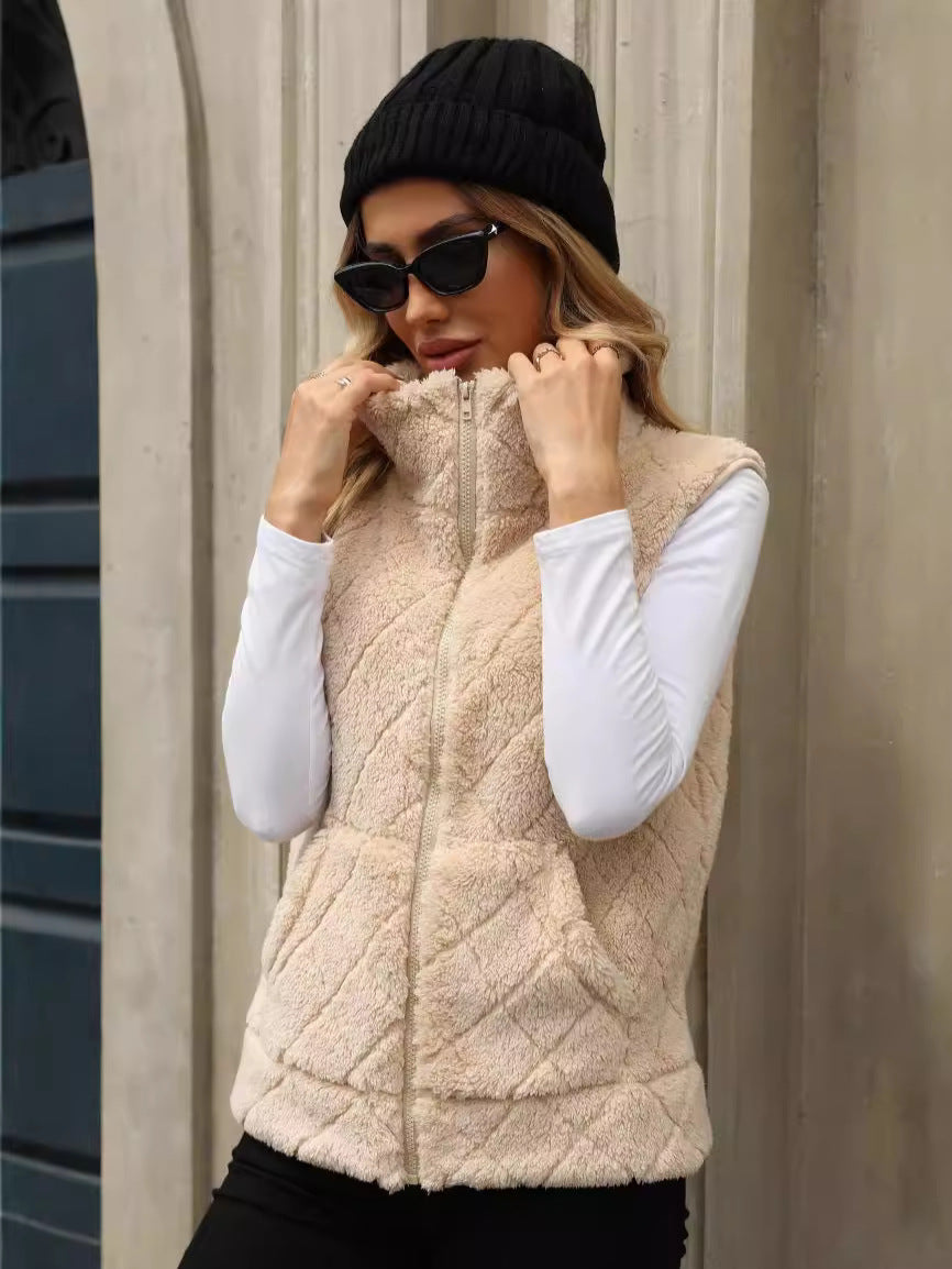 Women's Clothing Cardigan  Diamond Lattice Coat Plush Vest
