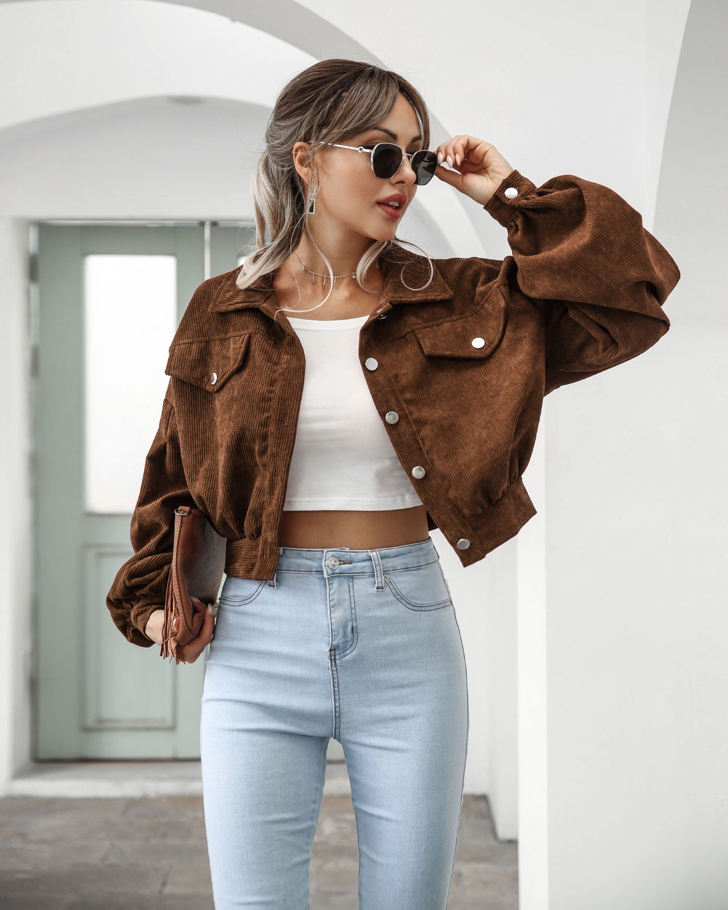 Women's Casual Lapel Corduroy Jacket Short Coat