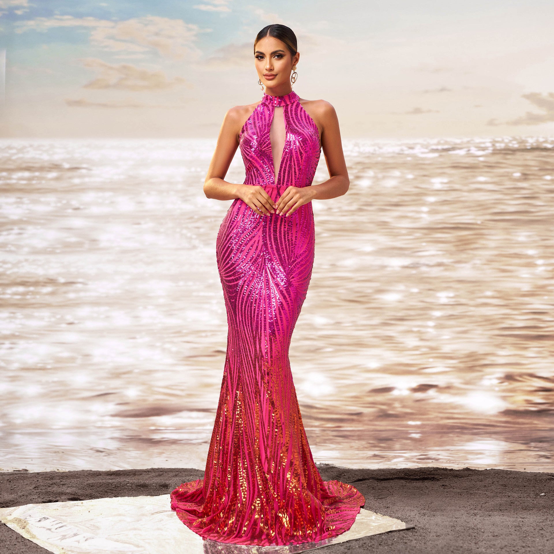 Dress Round Neck Off-the-shoulder Slim-fit Sheath Sequined Banquet Fishtail