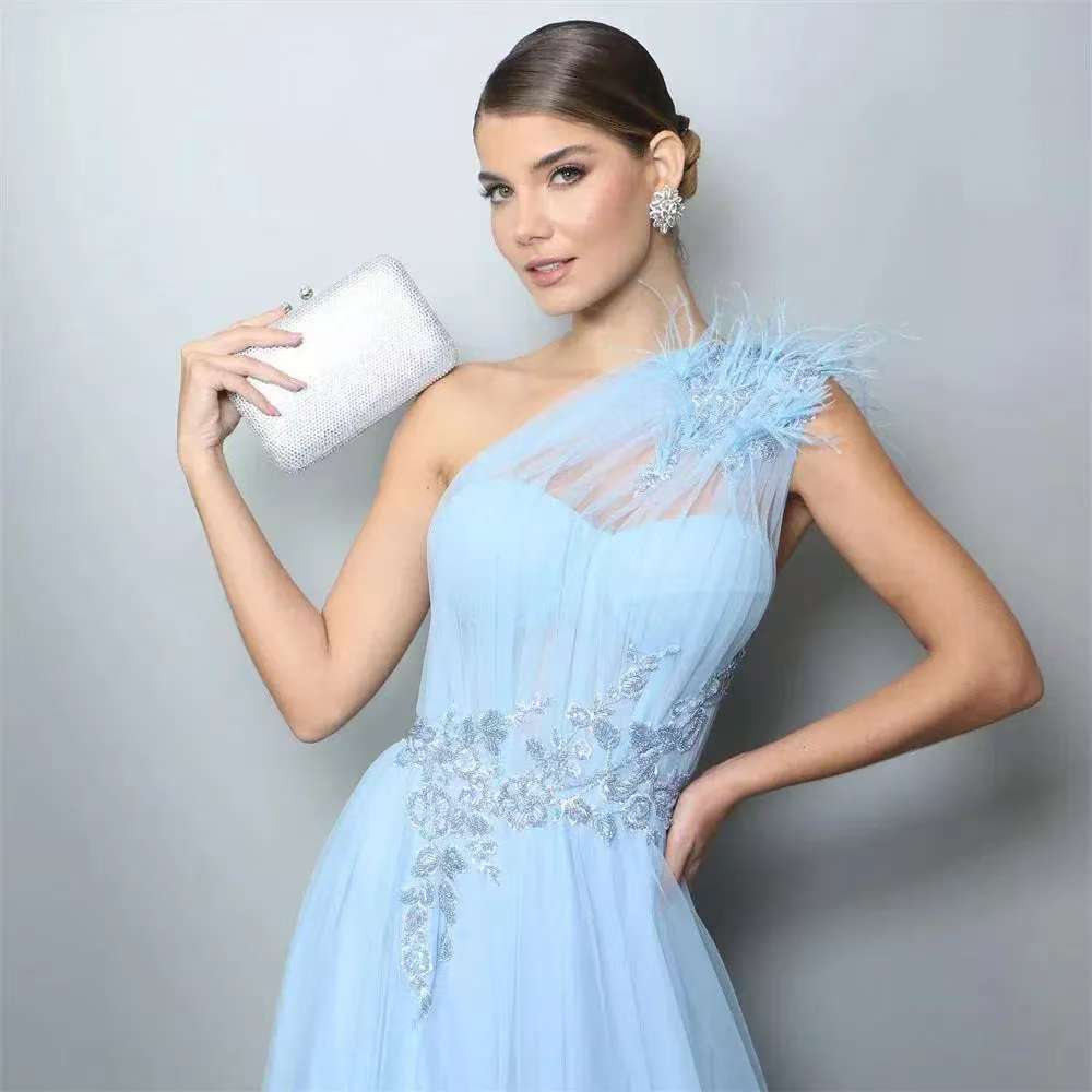 Dress Blue One-shoulder Feather Wedding
