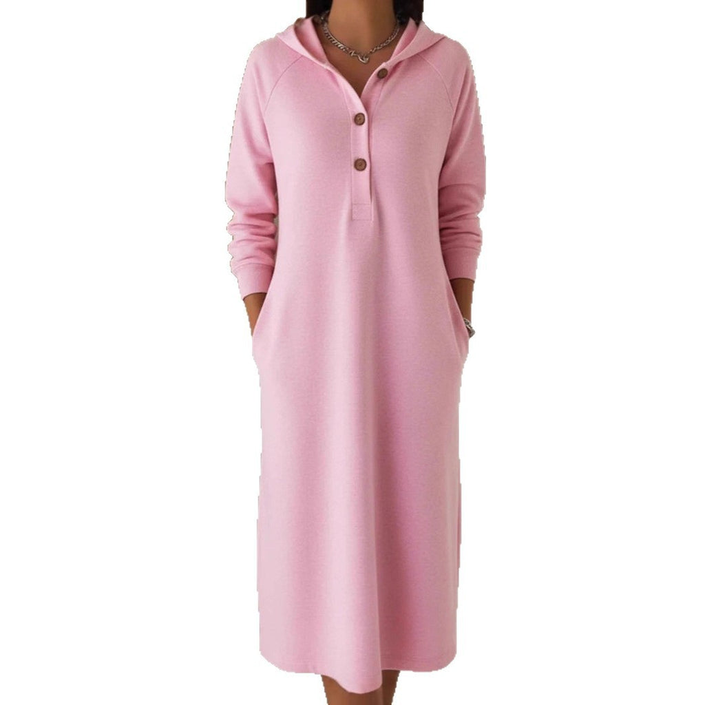 Women's Button Knit Hooded Sweatshirt Solid Color Casual Dress