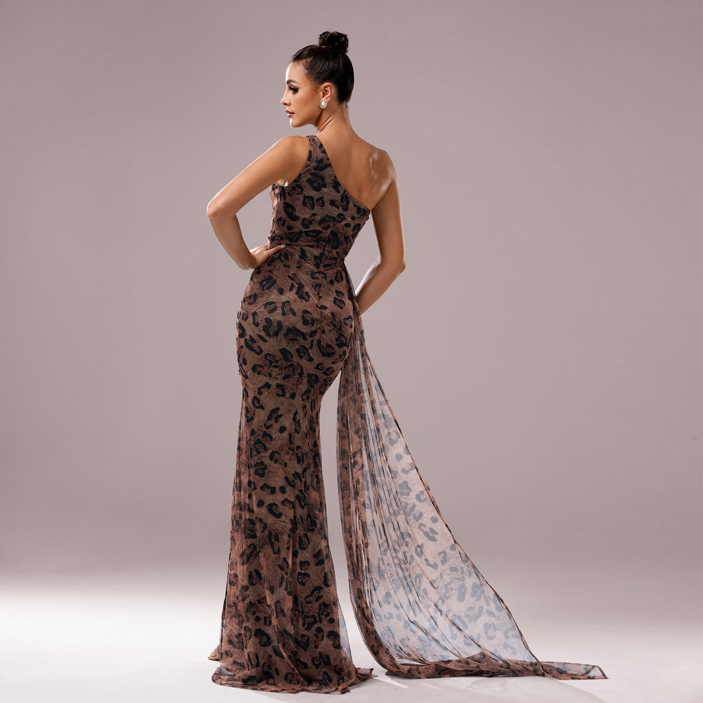 Dress One-shoulder Diagonal Collar Leopard Sequined