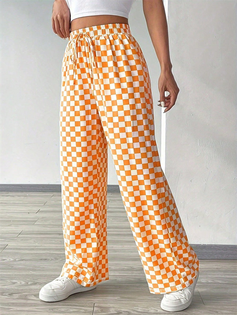 Pants Women's Casual High-waisted Checkered Straight-leg