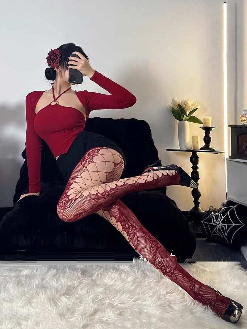Black Side Grid Rose Flower Fishnet Stockings Female